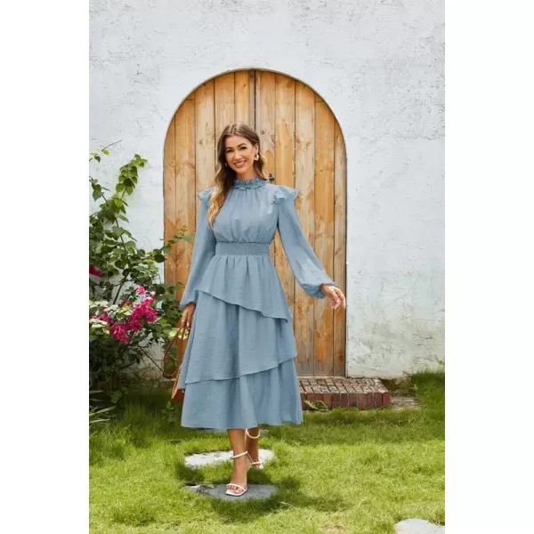 imageGRACE KARIN Womens Long Sleeve Fall Dresses 2024 Casual Ruffle Mock Neck Midi Wedding Guest Cocktail Flowy DressGrey Blue