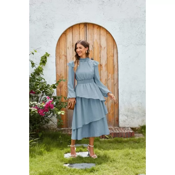 imageGRACE KARIN Womens Long Sleeve Fall Dresses 2024 Casual Ruffle Mock Neck Midi Wedding Guest Cocktail Flowy DressGrey Blue