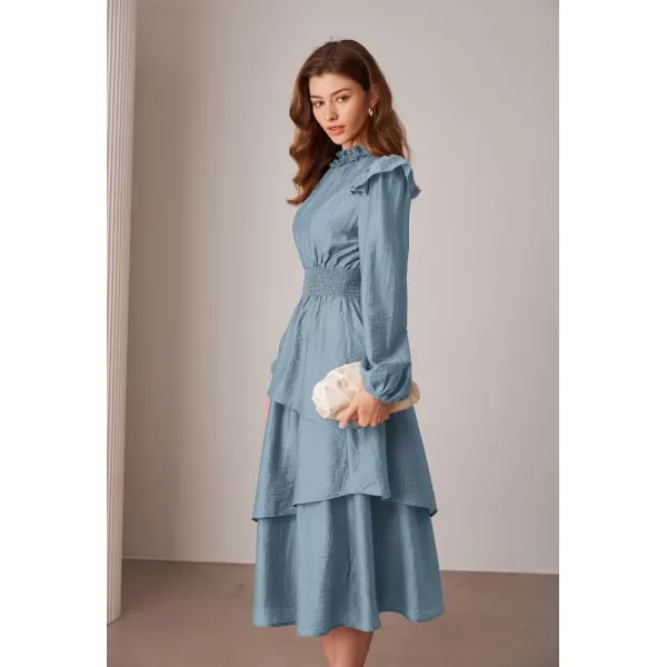 imageGRACE KARIN Womens Long Sleeve Fall Dresses 2024 Casual Ruffle Mock Neck Midi Wedding Guest Cocktail Flowy DressGrey Blue