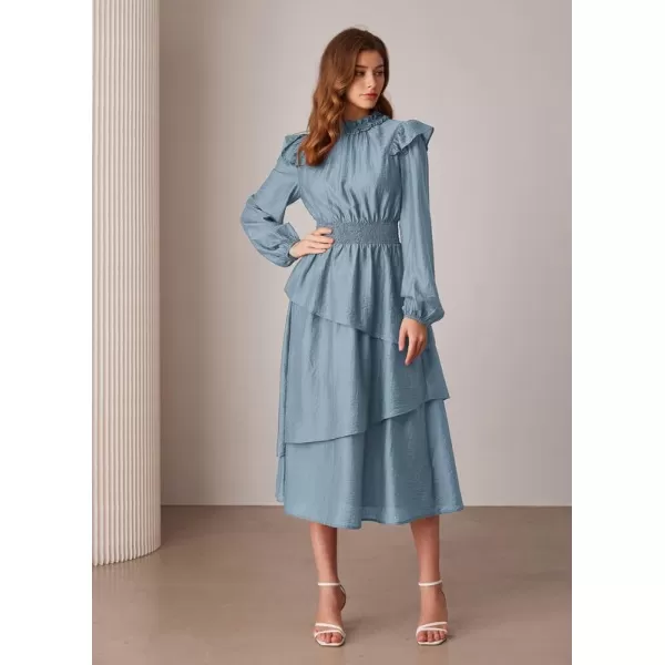 imageGRACE KARIN Womens Long Sleeve Fall Dresses 2024 Casual Ruffle Mock Neck Midi Wedding Guest Cocktail Flowy DressGrey Blue