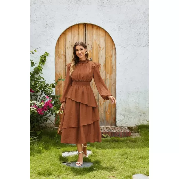 imageGRACE KARIN Womens Long Sleeve Fall Dresses 2024 Casual Ruffle Mock Neck Midi Wedding Guest Cocktail Flowy DressOrange