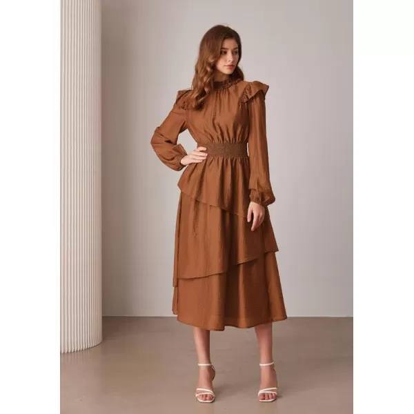 imageGRACE KARIN Womens Long Sleeve Fall Dresses 2024 Casual Ruffle Mock Neck Midi Wedding Guest Cocktail Flowy DressOrange