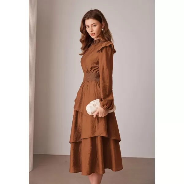 imageGRACE KARIN Womens Long Sleeve Fall Dresses 2024 Casual Ruffle Mock Neck Midi Wedding Guest Cocktail Flowy DressOrange