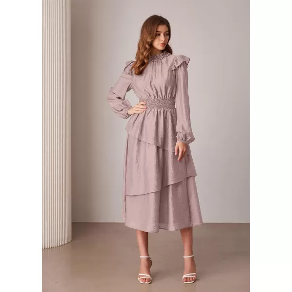 imageGRACE KARIN Womens Long Sleeve Fall Dresses 2024 Casual Ruffle Mock Neck Midi Wedding Guest Cocktail Flowy DressPink