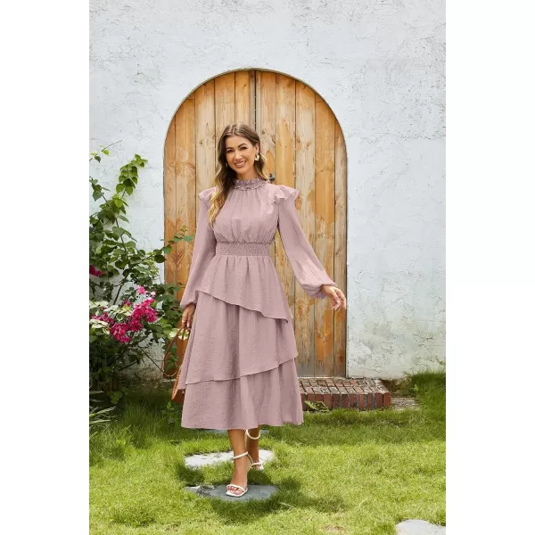 imageGRACE KARIN Womens Long Sleeve Fall Dresses 2024 Casual Ruffle Mock Neck Midi Wedding Guest Cocktail Flowy DressPink