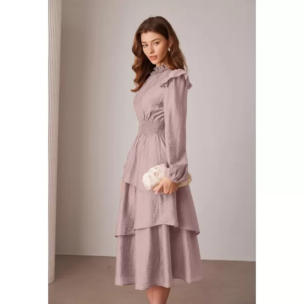 imageGRACE KARIN Womens Long Sleeve Fall Dresses 2024 Casual Ruffle Mock Neck Midi Wedding Guest Cocktail Flowy DressPink