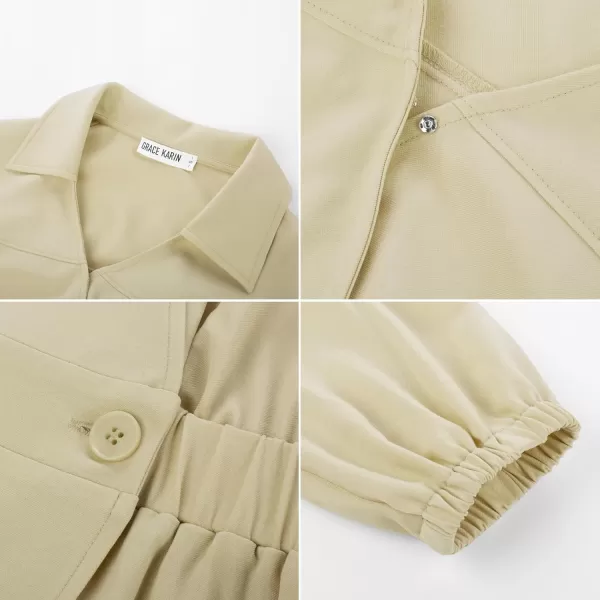 imageGRACE KARIN Womens Long Sleeve Wrap Dress Lapel V Neck Shirt Dress Casual A Line Midi Dress with Pockets BeltApricot