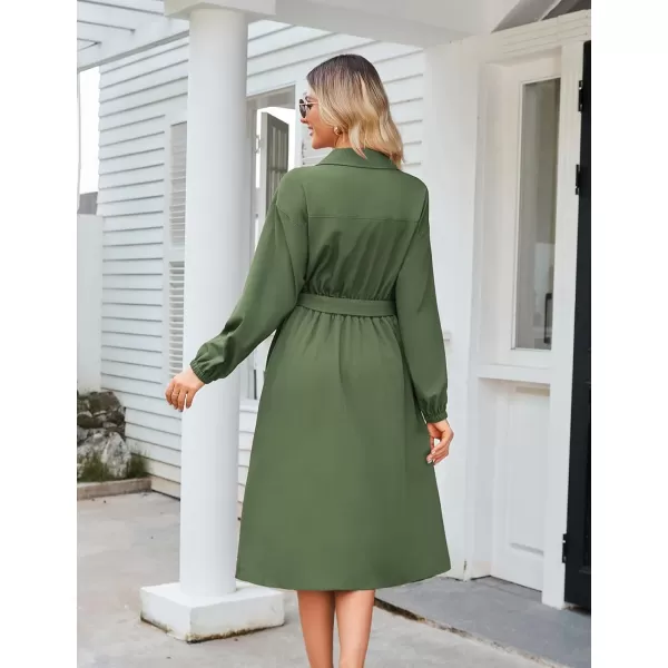 imageGRACE KARIN Womens Long Sleeve Wrap Dress Lapel V Neck Shirt Dress Casual A Line Midi Dress with Pockets BeltArmy Green