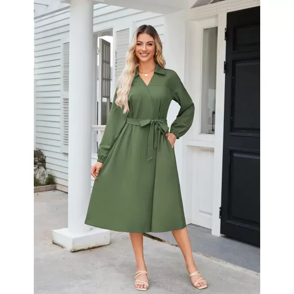 imageGRACE KARIN Womens Long Sleeve Wrap Dress Lapel V Neck Shirt Dress Casual A Line Midi Dress with Pockets BeltArmy Green