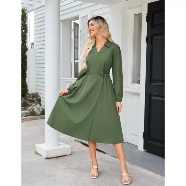 imageGRACE KARIN Womens Long Sleeve Wrap Dress Lapel V Neck Shirt Dress Casual A Line Midi Dress with Pockets BeltArmy Green