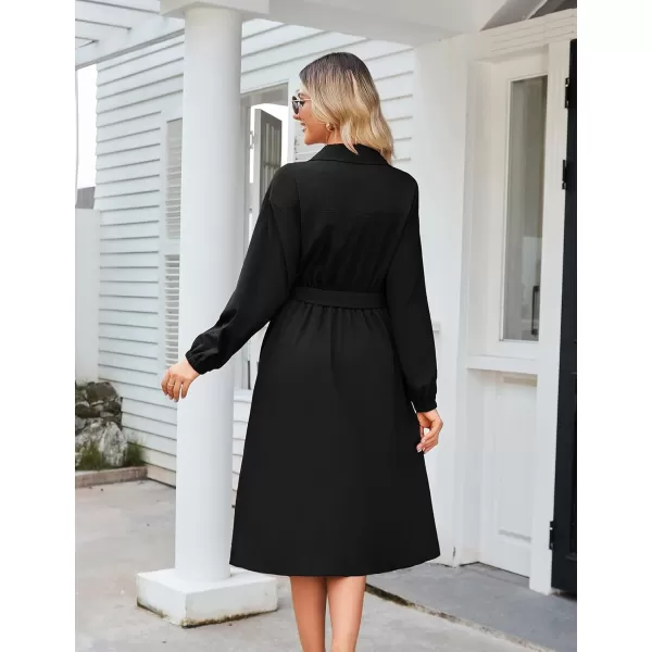 imageGRACE KARIN Womens Long Sleeve Wrap Dress Lapel V Neck Shirt Dress Casual A Line Midi Dress with Pockets BeltBlack