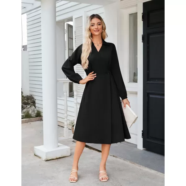 imageGRACE KARIN Womens Long Sleeve Wrap Dress Lapel V Neck Shirt Dress Casual A Line Midi Dress with Pockets BeltBlack