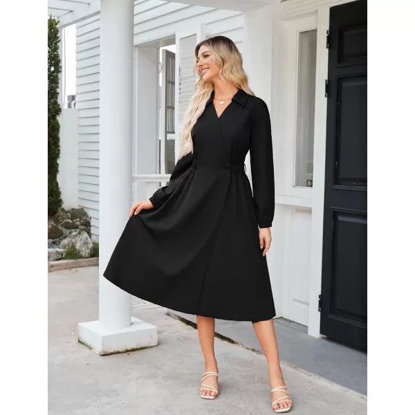 imageGRACE KARIN Womens Long Sleeve Wrap Dress Lapel V Neck Shirt Dress Casual A Line Midi Dress with Pockets BeltBlack