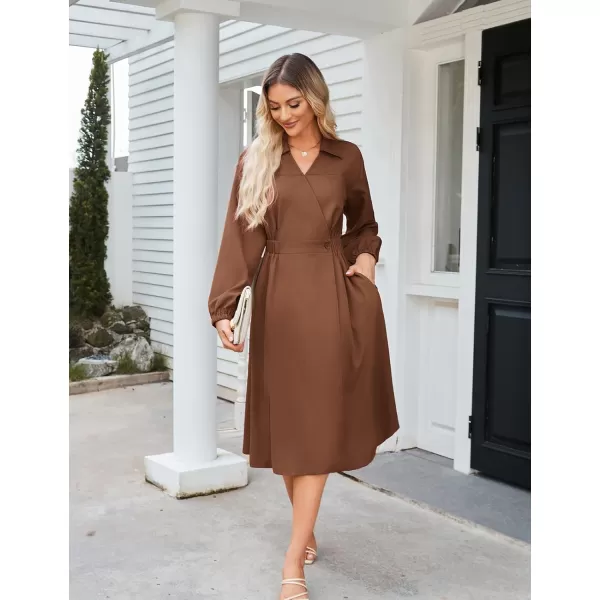 imageGRACE KARIN Womens Long Sleeve Wrap Dress Lapel V Neck Shirt Dress Casual A Line Midi Dress with Pockets BeltBrown