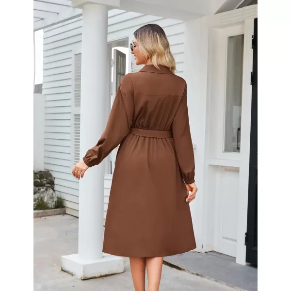 imageGRACE KARIN Womens Long Sleeve Wrap Dress Lapel V Neck Shirt Dress Casual A Line Midi Dress with Pockets BeltBrown