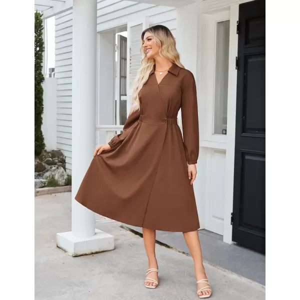 imageGRACE KARIN Womens Long Sleeve Wrap Dress Lapel V Neck Shirt Dress Casual A Line Midi Dress with Pockets BeltBrown