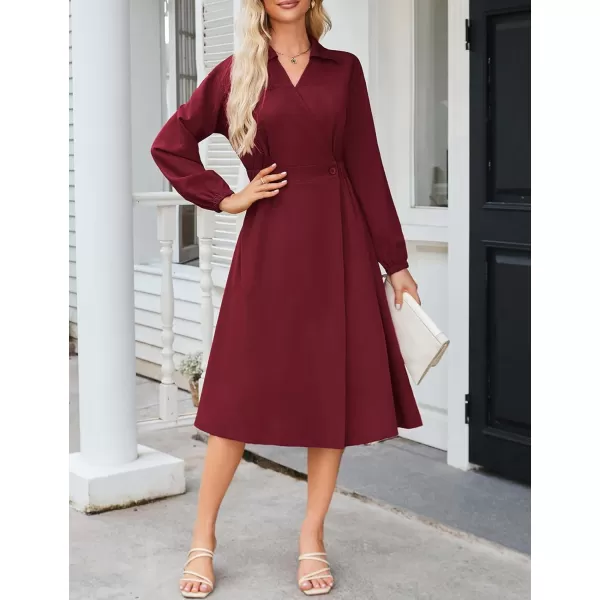 imageGRACE KARIN Womens Long Sleeve Wrap Dress Lapel V Neck Shirt Dress Casual A Line Midi Dress with Pockets BeltWine Red