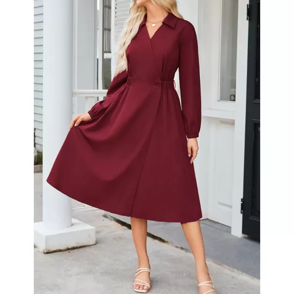 imageGRACE KARIN Womens Long Sleeve Wrap Dress Lapel V Neck Shirt Dress Casual A Line Midi Dress with Pockets BeltWine Red