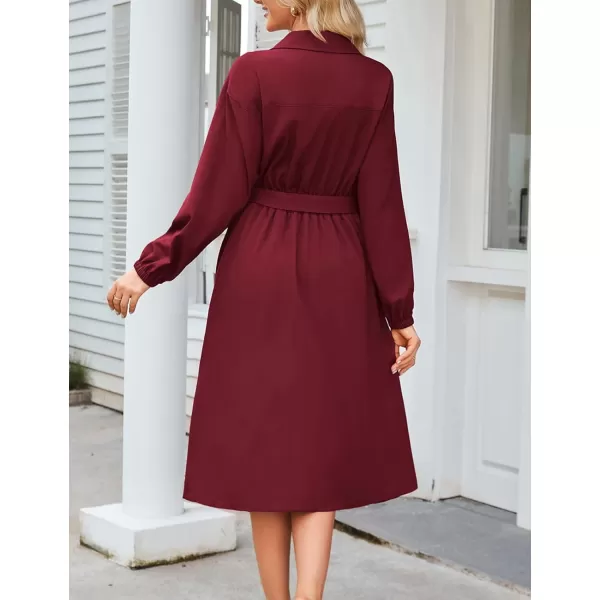 imageGRACE KARIN Womens Long Sleeve Wrap Dress Lapel V Neck Shirt Dress Casual A Line Midi Dress with Pockets BeltWine Red