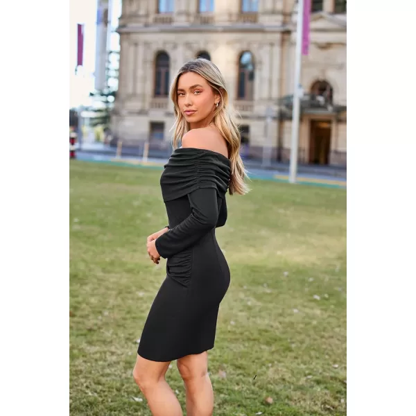 imageGRACE KARIN Womens Sexy Elegant Ruched Bodycon Dresses Off Shoulder Long Sleeve Cocktail Party Midi DressBlack