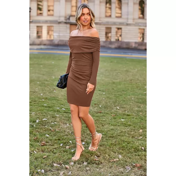 imageGRACE KARIN Womens Sexy Elegant Ruched Bodycon Dresses Off Shoulder Long Sleeve Cocktail Party Midi DressBrown