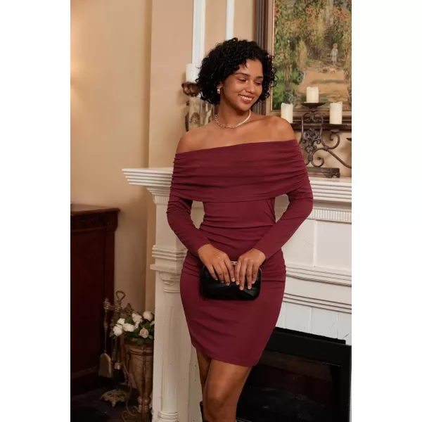 imageGRACE KARIN Womens Sexy Elegant Ruched Bodycon Dresses Off Shoulder Long Sleeve Cocktail Party Midi DressClaret