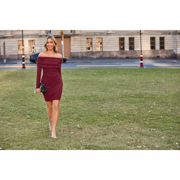 imageGRACE KARIN Womens Sexy Elegant Ruched Bodycon Dresses Off Shoulder Long Sleeve Cocktail Party Midi DressClaret