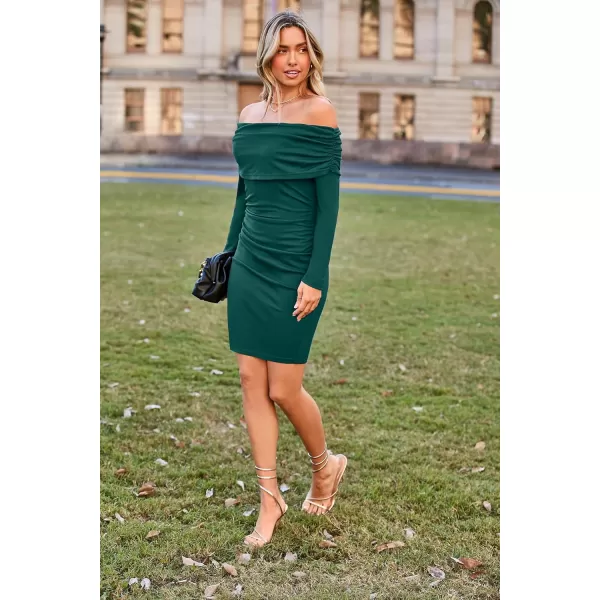 imageGRACE KARIN Womens Sexy Elegant Ruched Bodycon Dresses Off Shoulder Long Sleeve Cocktail Party Midi DressDark Green