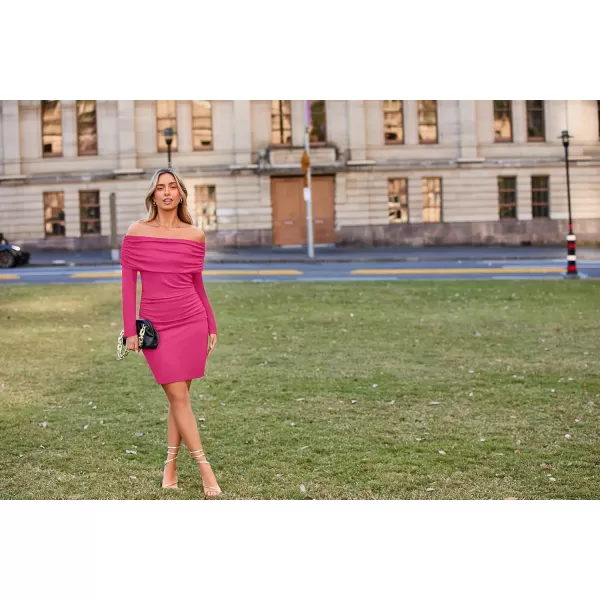 imageGRACE KARIN Womens Sexy Elegant Ruched Bodycon Dresses Off Shoulder Long Sleeve Cocktail Party Midi DressRose Red