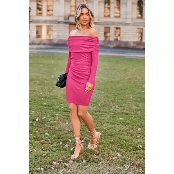 imageGRACE KARIN Womens Sexy Elegant Ruched Bodycon Dresses Off Shoulder Long Sleeve Cocktail Party Midi DressRose Red