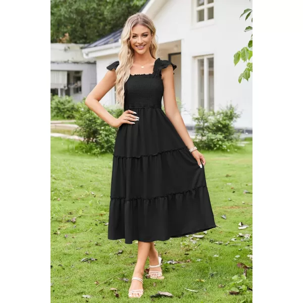 imageGRACE KARIN Womens Smocked Flowy Summer Dresses A Line Square Neck Flutter Sleeve Ruffle Tiered Polka Dot Cocktail DressSolidblack