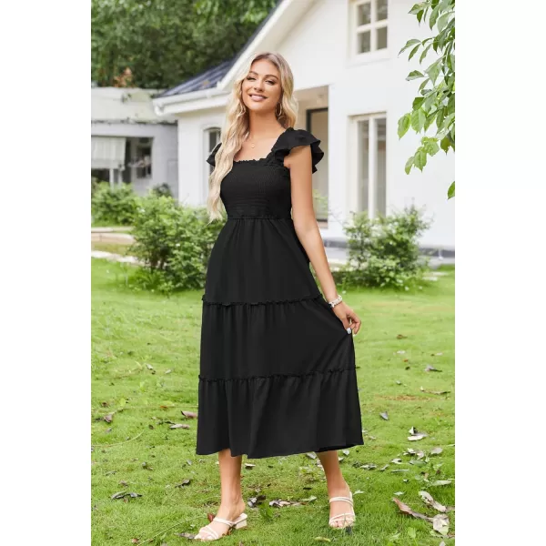 imageGRACE KARIN Womens Smocked Flowy Summer Dresses A Line Square Neck Flutter Sleeve Ruffle Tiered Polka Dot Cocktail DressSolidblack