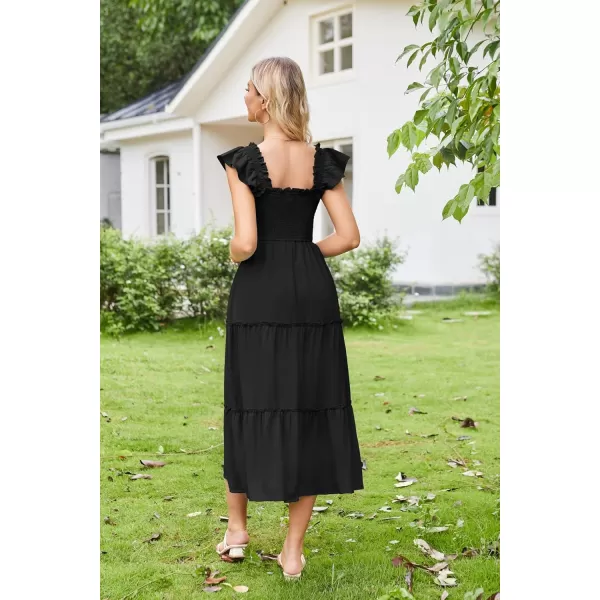 imageGRACE KARIN Womens Smocked Flowy Summer Dresses A Line Square Neck Flutter Sleeve Ruffle Tiered Polka Dot Cocktail DressSolidblack