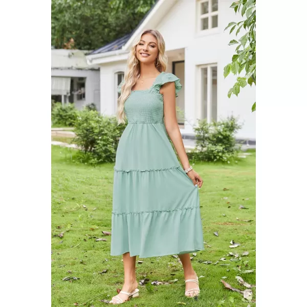 imageGRACE KARIN Womens Smocked Flowy Summer Dresses A Line Square Neck Flutter Sleeve Ruffle Tiered Polka Dot Cocktail DressSolidlight Green
