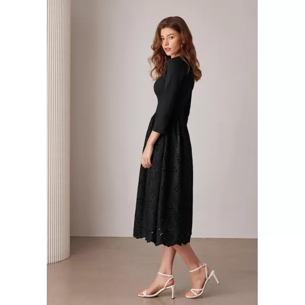 imageGRACE KARIN Womens Summer 34 Sleeve Dress with Pockets A Line Midi Eyelet Dress Empire Waist Casual Fall Flowy DressBlack