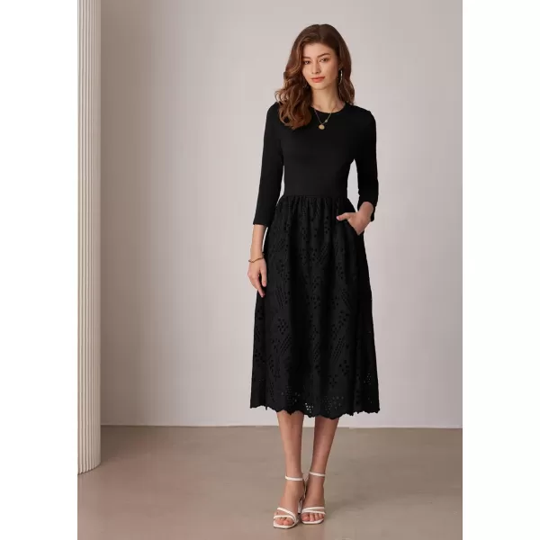 imageGRACE KARIN Womens Summer 34 Sleeve Dress with Pockets A Line Midi Eyelet Dress Empire Waist Casual Fall Flowy DressBlack