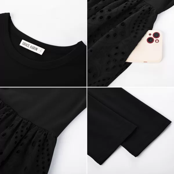 imageGRACE KARIN Womens Summer 34 Sleeve Dress with Pockets A Line Midi Eyelet Dress Empire Waist Casual Fall Flowy DressBlack