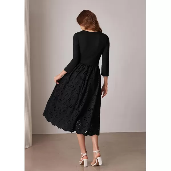 imageGRACE KARIN Womens Summer 34 Sleeve Dress with Pockets A Line Midi Eyelet Dress Empire Waist Casual Fall Flowy DressBlack