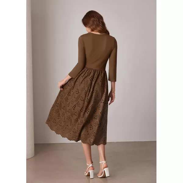 imageGRACE KARIN Womens Summer 34 Sleeve Dress with Pockets A Line Midi Eyelet Dress Empire Waist Casual Fall Flowy DressBrown