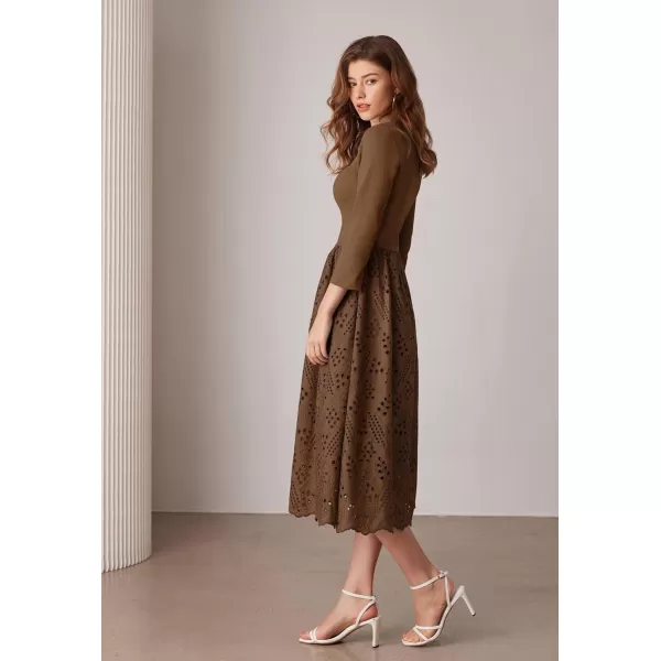 imageGRACE KARIN Womens Summer 34 Sleeve Dress with Pockets A Line Midi Eyelet Dress Empire Waist Casual Fall Flowy DressBrown