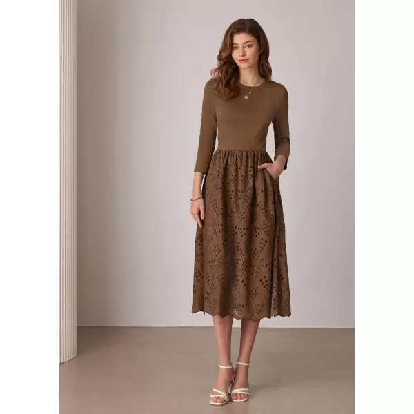 imageGRACE KARIN Womens Summer 34 Sleeve Dress with Pockets A Line Midi Eyelet Dress Empire Waist Casual Fall Flowy DressBrown