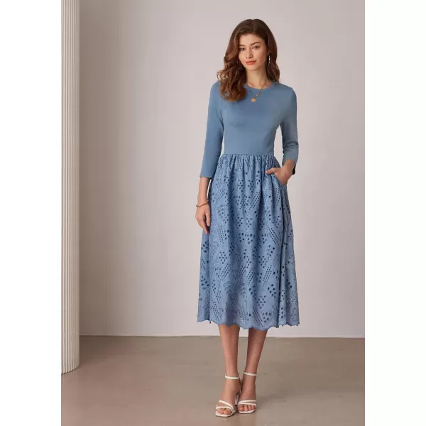 imageGRACE KARIN Womens Summer 34 Sleeve Dress with Pockets A Line Midi Eyelet Dress Empire Waist Casual Fall Flowy DressGray Blue