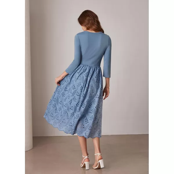 imageGRACE KARIN Womens Summer 34 Sleeve Dress with Pockets A Line Midi Eyelet Dress Empire Waist Casual Fall Flowy DressGray Blue