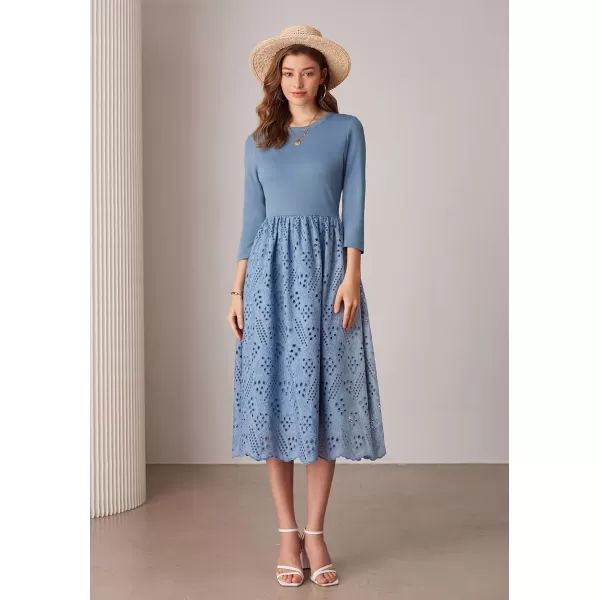 imageGRACE KARIN Womens Summer 34 Sleeve Dress with Pockets A Line Midi Eyelet Dress Empire Waist Casual Fall Flowy DressGray Blue