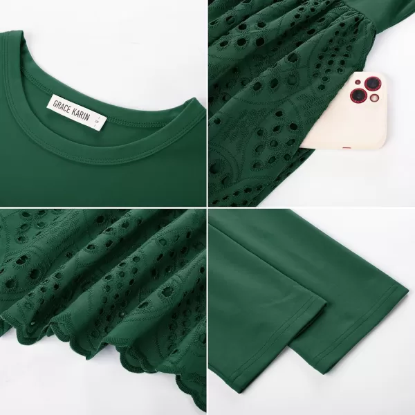 imageGRACE KARIN Womens Summer 34 Sleeve Dress with Pockets A Line Midi Eyelet Dress Empire Waist Casual Fall Flowy DressGreen