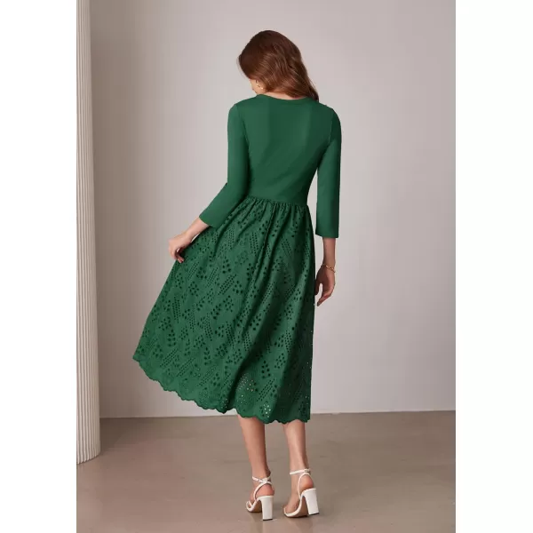 imageGRACE KARIN Womens Summer 34 Sleeve Dress with Pockets A Line Midi Eyelet Dress Empire Waist Casual Fall Flowy DressGreen