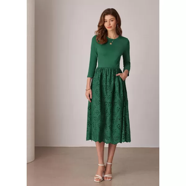 imageGRACE KARIN Womens Summer 34 Sleeve Dress with Pockets A Line Midi Eyelet Dress Empire Waist Casual Fall Flowy DressGreen