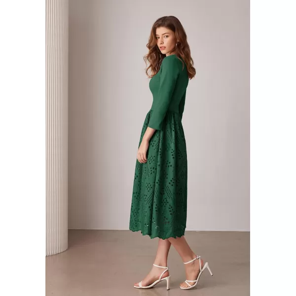 imageGRACE KARIN Womens Summer 34 Sleeve Dress with Pockets A Line Midi Eyelet Dress Empire Waist Casual Fall Flowy DressGreen