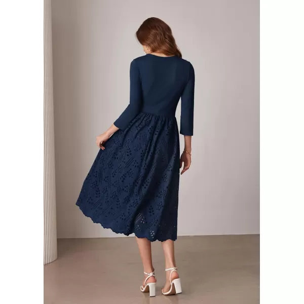 imageGRACE KARIN Womens Summer 34 Sleeve Dress with Pockets A Line Midi Eyelet Dress Empire Waist Casual Fall Flowy DressNavy Blue