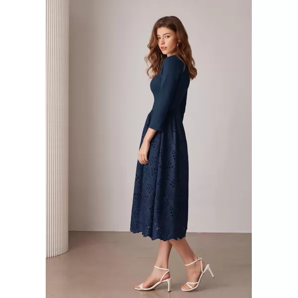 imageGRACE KARIN Womens Summer 34 Sleeve Dress with Pockets A Line Midi Eyelet Dress Empire Waist Casual Fall Flowy DressNavy Blue